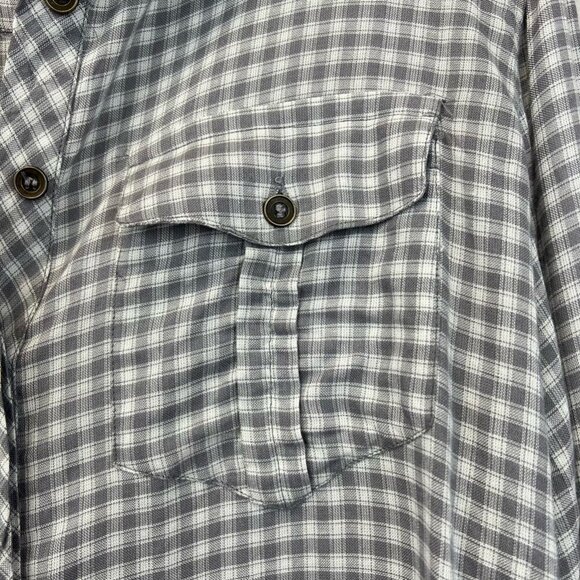 Angie Womens Button Up Shirt Gray Plaid Long Sleeve Cuff Collar Pocket Rayon M - Picture 5 of 11